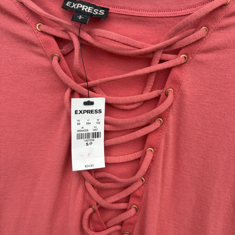 Express Womens Lace Up V-Neck Choker Top Coral Pink Short Sleeve S NWT - Picture 4 of 8